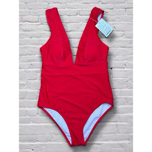 Cocoship Women's Size 6 Solid Red Plunging Neckline High Leg One Piece Swimsuit